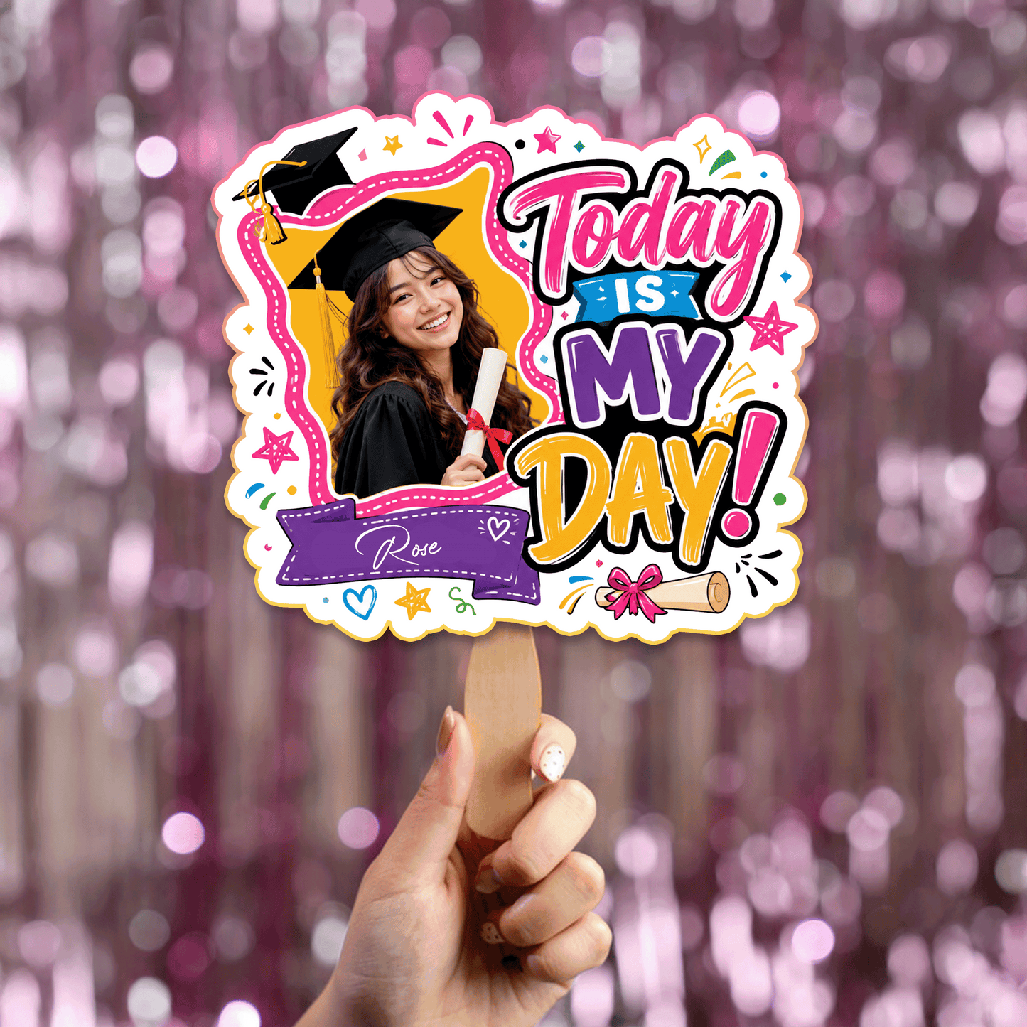 Personalized Today Is My Day Custom Shape Photo Hand Fan, Graduation Fan with Photo & Name