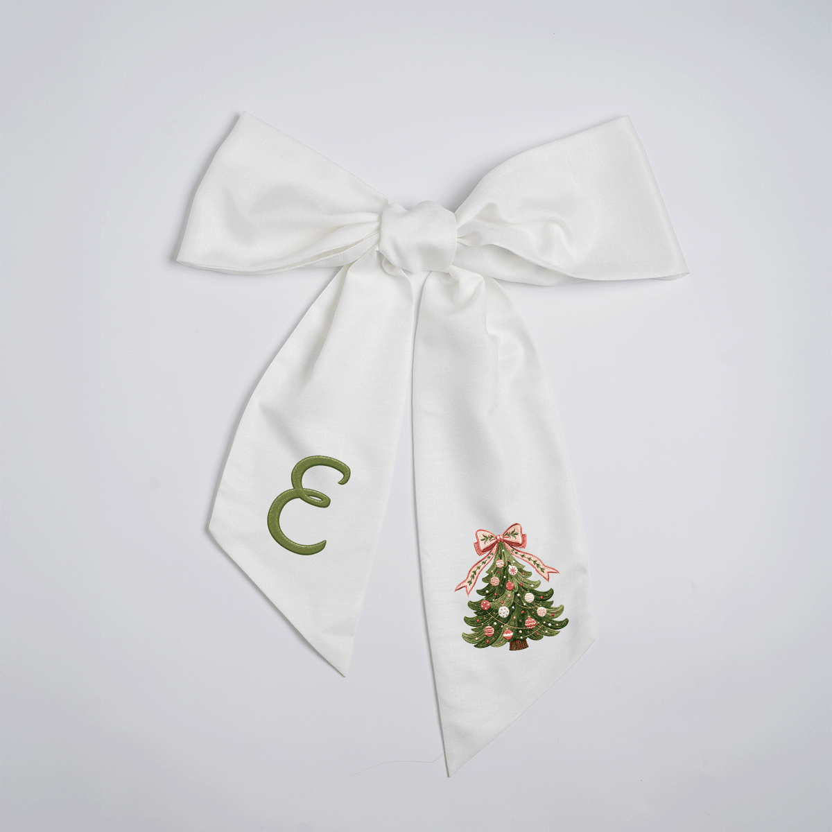 Custom Monogram Christmas Tree Embroidered Linen Door Wreath Sash, Personalized Initial Pink Bow Pine Tree Holiday Wreath Sash & Front Door Decor