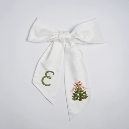 Custom Monogram Christmas Tree Embroidered Linen Door Wreath Sash, Personalized Initial Pink Bow Pine Tree Holiday Wreath Sash & Front Door Decor