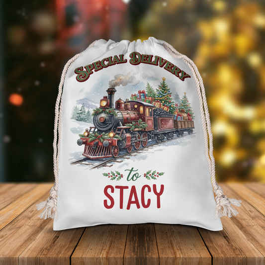Personalized Special Delivery Train Christmas Sack, Custom Name Santa Gift Bag
