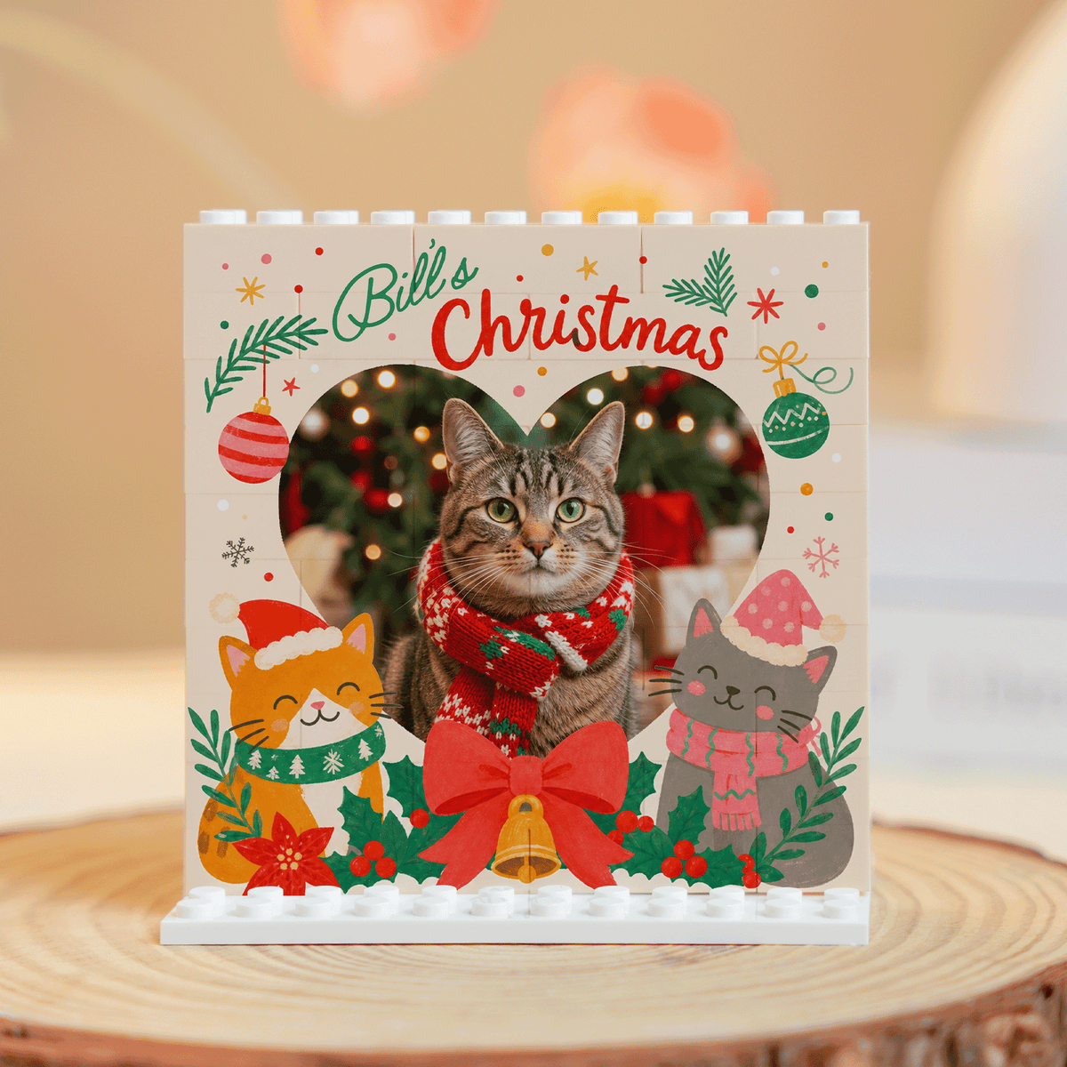Personalized Photo Christmas Building Block in Cream White, Custom Cat Photo Heart Frame Bill's Christmas Cute Kittens Brick Puzzle Keepsake Decor, Holiday Gift for Cat Lovers