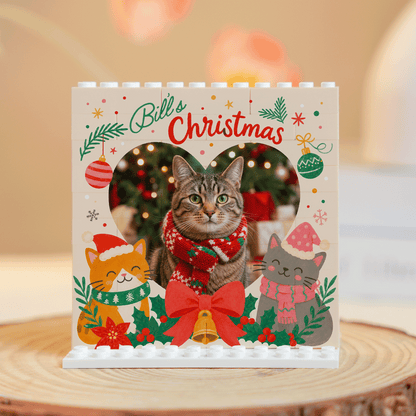 Personalized Photo Christmas Building Block in Cream White, Custom Cat Photo Heart Frame Bill's Christmas Cute Kittens Brick Puzzle Keepsake Decor, Holiday Gift for Cat Lovers