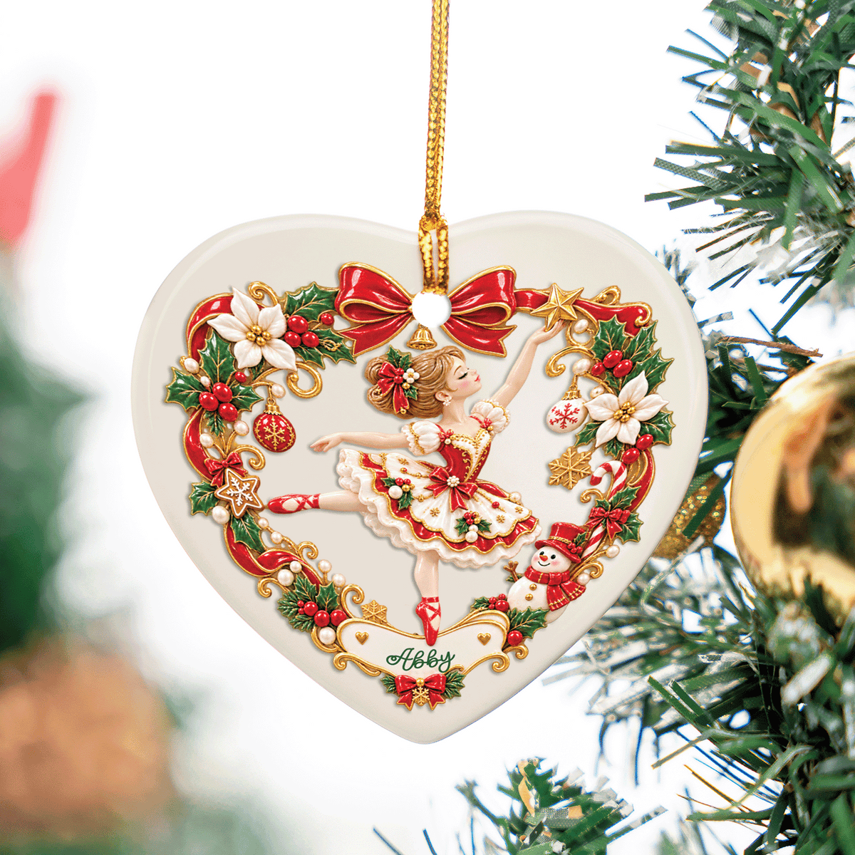 Personalized Ballerina Christmas Ceramic Heart Ornament, Custom Name Dancing Girl Xmas Tree Hanging Decor Keepsake, Ballet Lover Holiday Gift