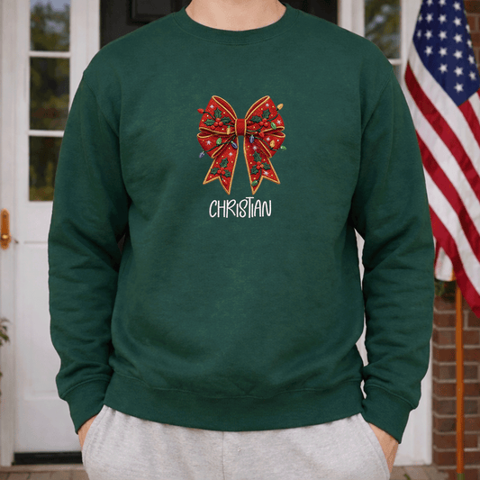 Personalized Embroidered Christmas Bow Sweatshirt with Custom Name