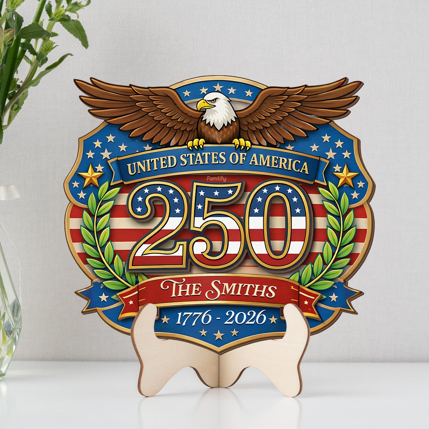 United States of America 250th Anniversary Personalized 2-Layer Wood Sign – Custom Family Name Patriotic Door Sign
