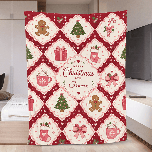 Personalized Merry Christmas Grid Blanket, Custom Name Red White Diamond Holiday Fleece Blanket, Cozy Xmas Pattern Throw Keepsake Gift