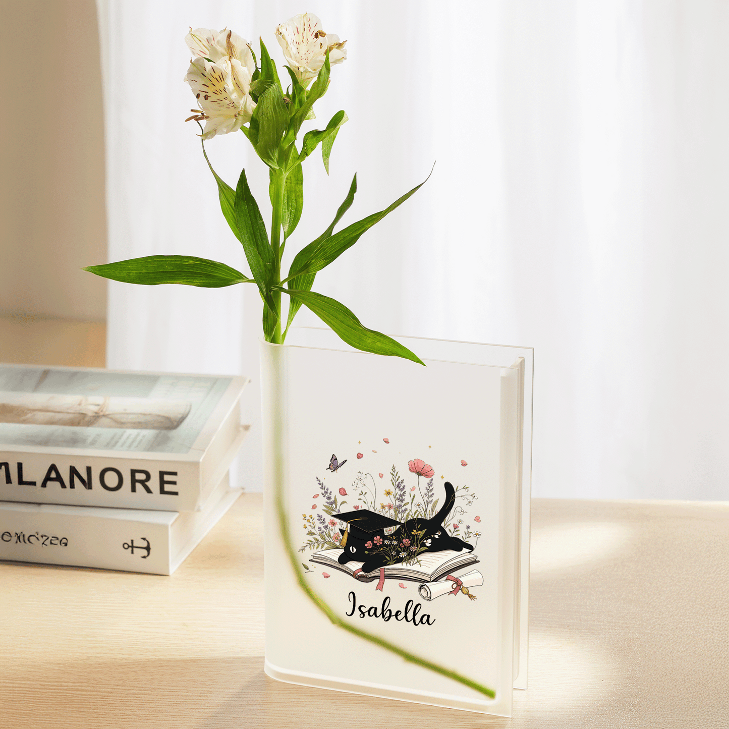 Personalized Cat Graduation Acrylic Book Vase with Custom Name