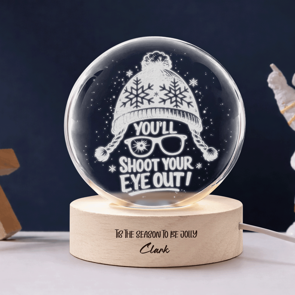 Custom You'll Shoot Your Eye Out Winter Beanie Glasses 3D Laser Engraved Crystal Ball with LED Wooden Standee, Personalized Name Holiday Night Light Keepsake