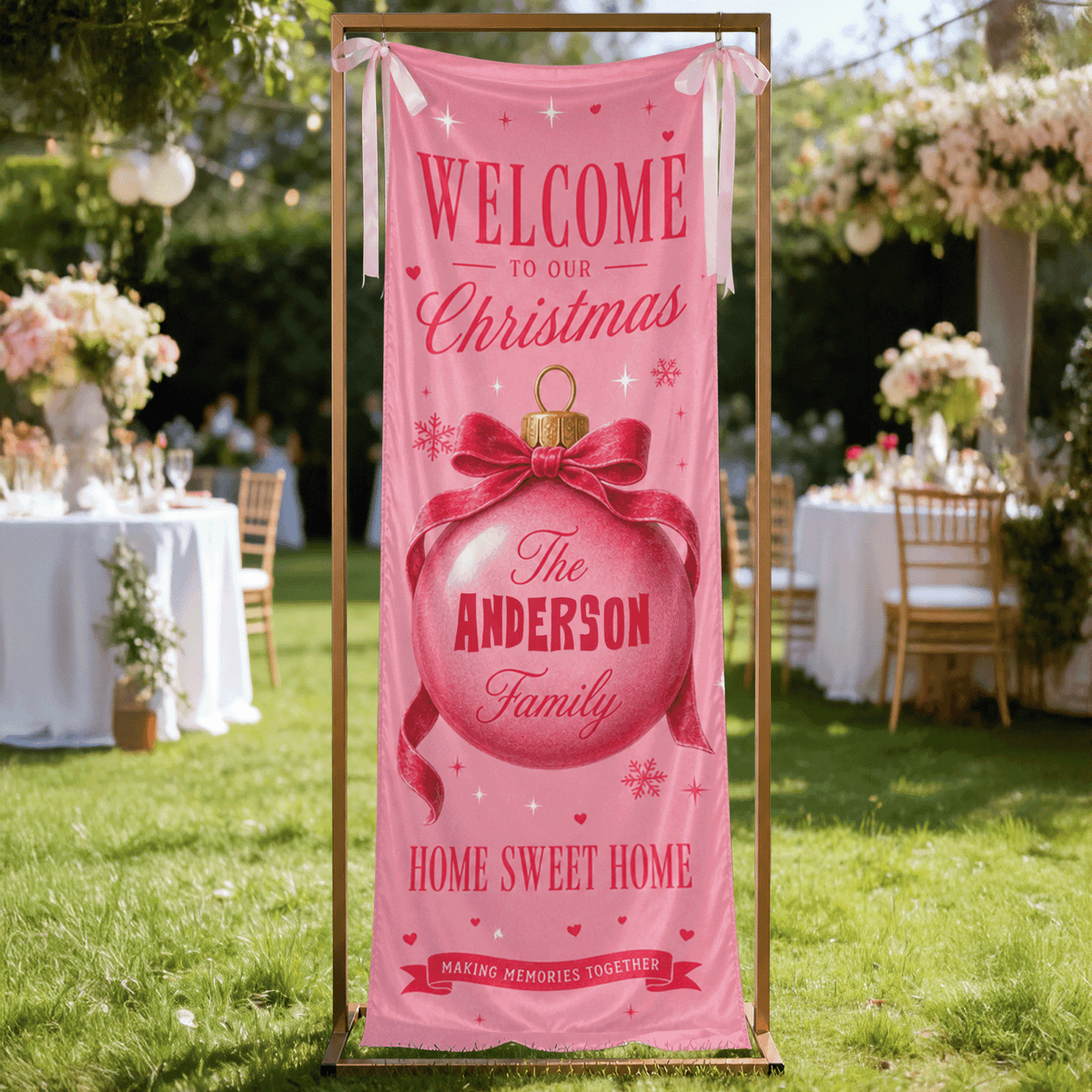 Pink Coquette Christmas Bauble Family Fabric Welcome Banner, Personalized Family Name Entrance Hanging Sign with Ribbon Ties, Elegant Pink Xmas Party Decor