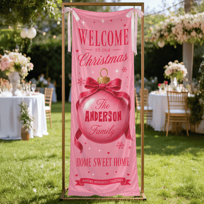 Pink Coquette Christmas Bauble Family Fabric Welcome Banner, Personalized Family Name Entrance Hanging Sign with Ribbon Ties, Elegant Pink Xmas Party Decor