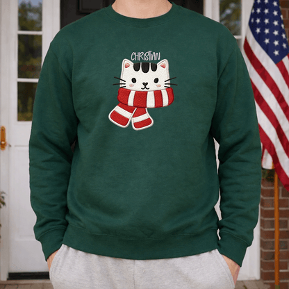 Personalized Embroidered Christmas Scarf Cat Sweatshirt with Custom Name