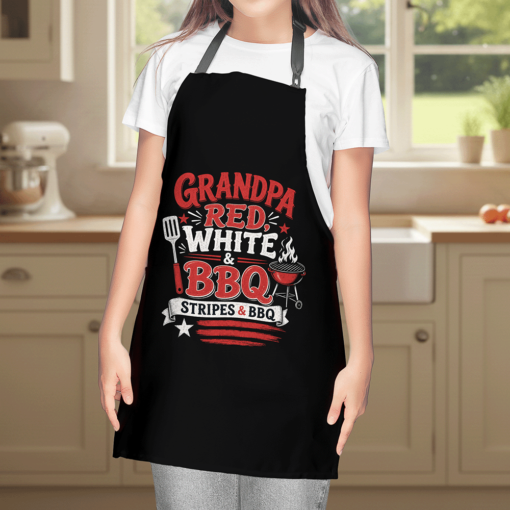 Grandpa Red White BBQ Apron – Patriotic Stripes and BBQ Grilling Apron Gift for Grandpa