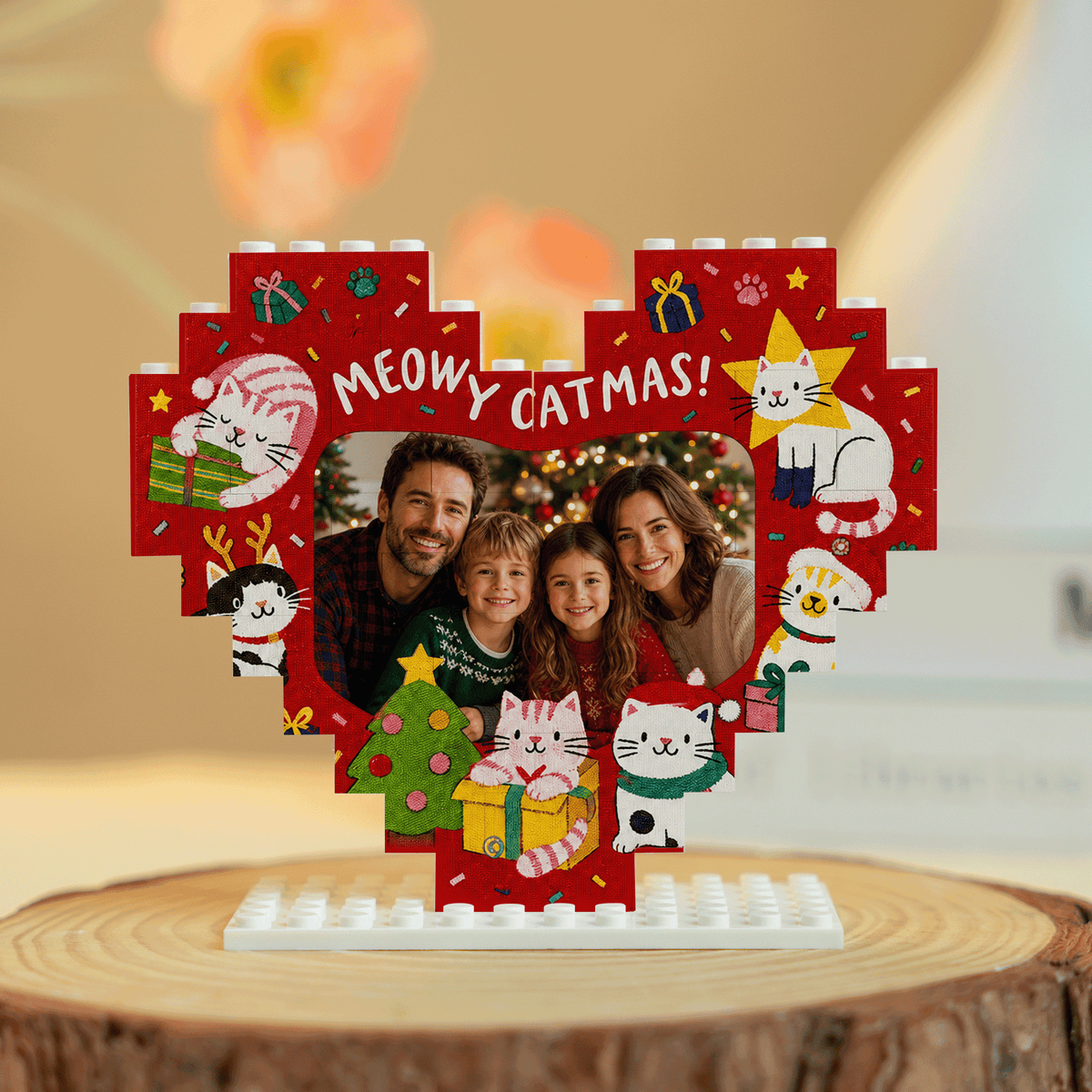 Personalized Photo Heart Building Block in Red, Custom Family Picture Cute Christmas Cats "Meowy Catmas" Brick Puzzle Keepsake Decor, Festive Holiday Desk Gift