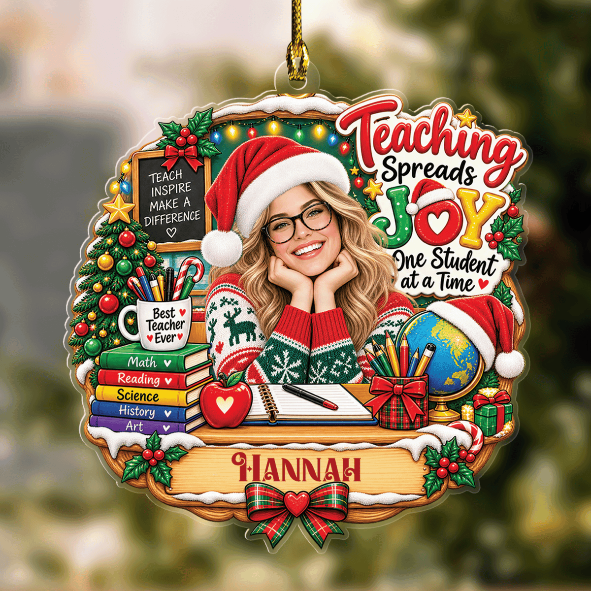 Personalized Teaching Spreads Joy Teacher Photo Acrylic Ornament, Custom Name School Educator Xmas Tree Hanging Decor Keepsake, Teacher Appreciation Holiday Gift