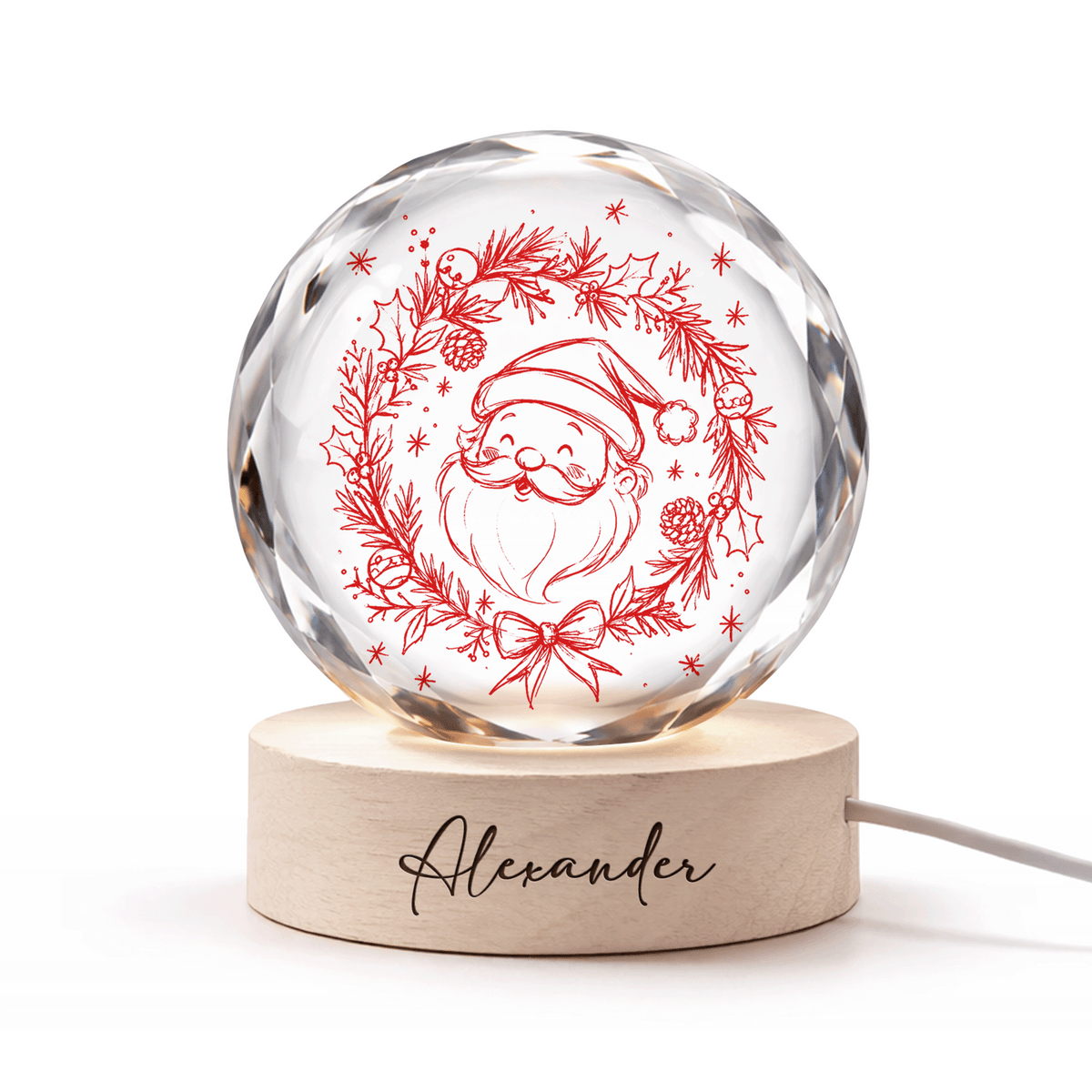 Custom Santa Claus Head Wreath 3D Laser Engraved Crystal Ball with LED Wooden Standee, Personalized Name Holiday Night Light Keepsake