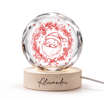 Custom Santa Claus Head Wreath 3D Laser Engraved Crystal Ball with LED Wooden Standee, Personalized Name Holiday Night Light Keepsake