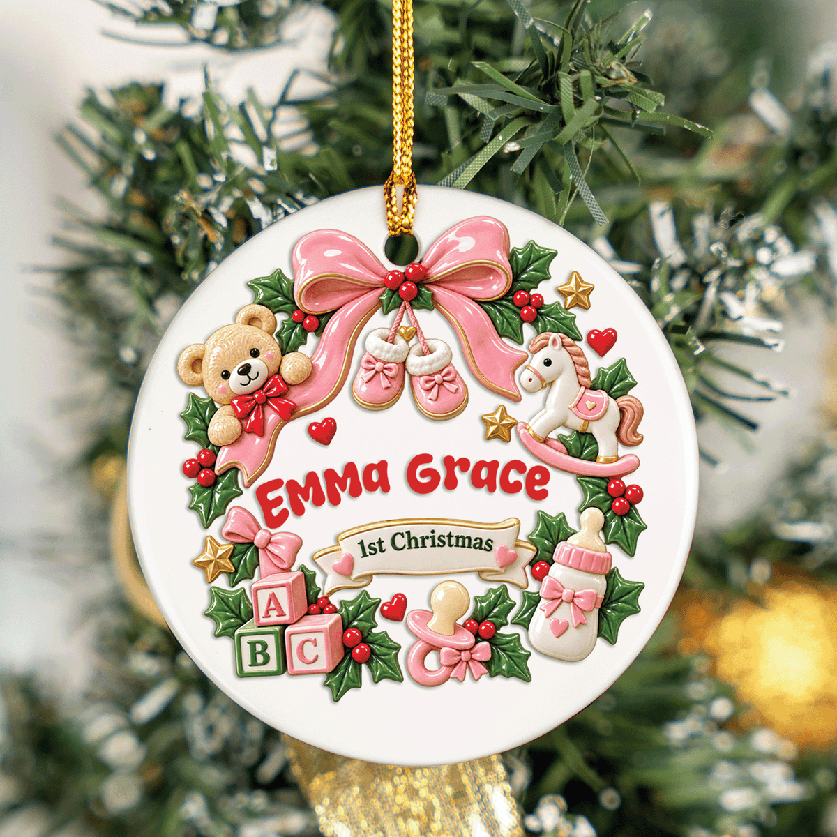Personalized Baby's 1st Christmas ceramic ornament with custom name, pink version