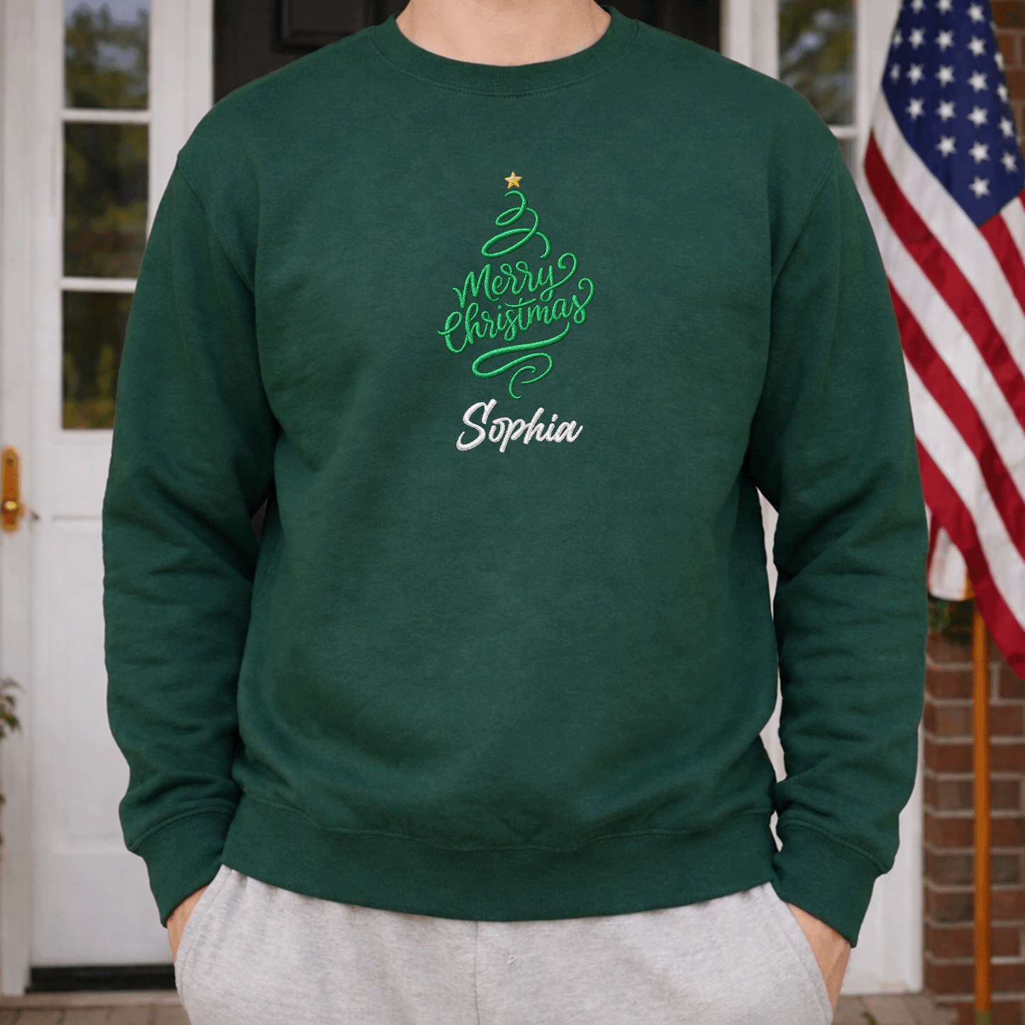 Personalized Embroidered Merry Christmas Tree Sweatshirt with Custom Name