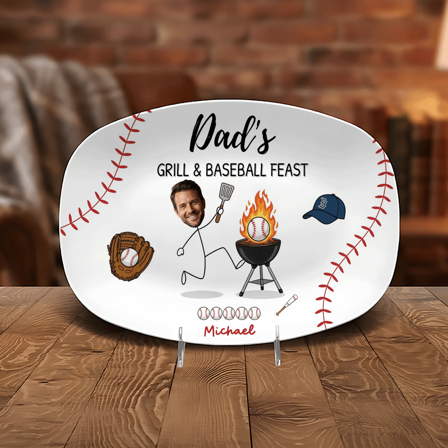 Personalized Dad’s Grill & Baseball Feast Decorative Plate – Custom Photo Keepsake