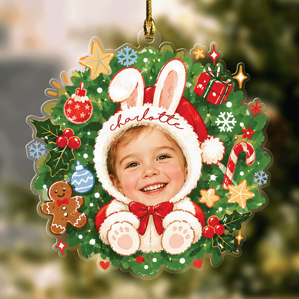 Bunny Santa wreath acrylic ornament with a child's face in a white bunny hood and custom script name
