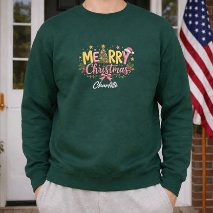 Personalized Embroidered Merry Christmas Typography Sweatshirt with Custom Name