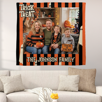 Personalized Halloween Orange Black Striped Photo Tapestry, Custom Family Photo Name Wall Hanging Decor, Trick or Treat Cute Ghost Party Backdrop