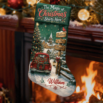 Personalized The Magic of Christmas Starts Here Christmas Stocking with Custom Name