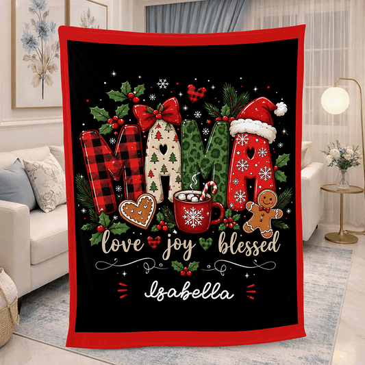Personalized MAMA Christmas Blanket, Custom Name Christmas Fleece Blanket for Mom, Cozy Holiday Throw Blanket Keepsake Gift