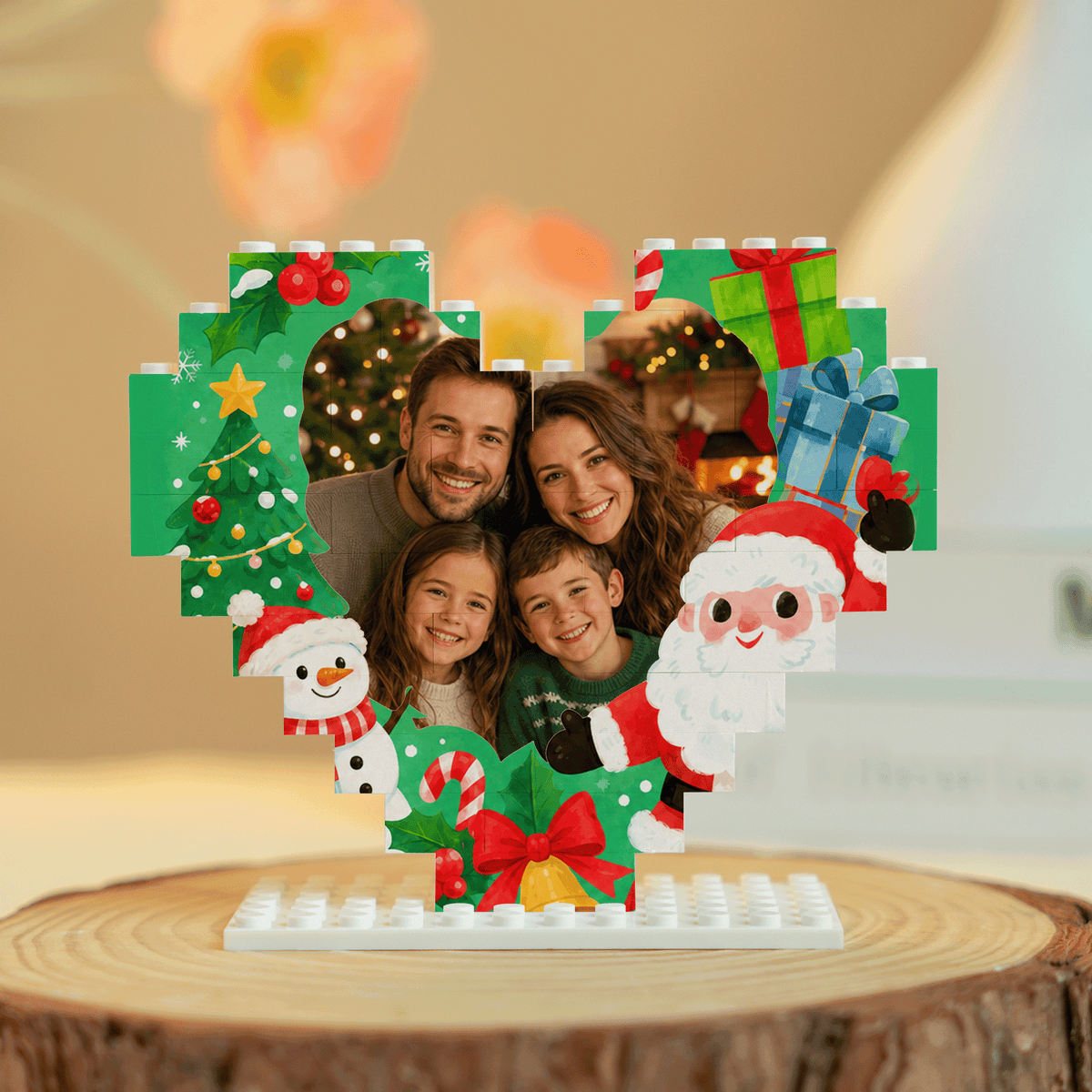 Personalized Photo Heart Building Block in Emerald Green & Red, Custom Family Picture Santa & Snowman Xmas Brick Puzzle Keepsake Decor, Festive Christmas Desk Gift