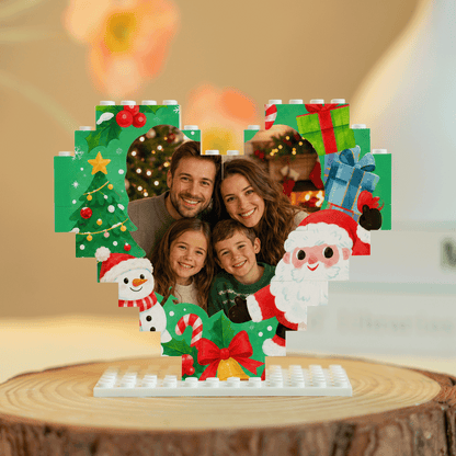 Personalized Photo Heart Building Block in Emerald Green & Red, Custom Family Picture Santa & Snowman Xmas Brick Puzzle Keepsake Decor, Festive Christmas Desk Gift