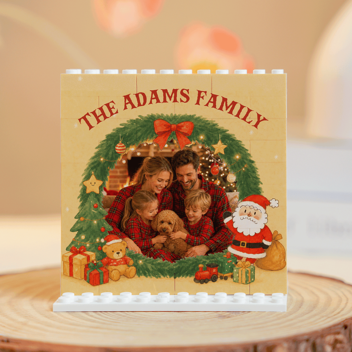 Personalized Photo Christmas Building Block in Cream, Custom Family Name Pine Wreath & Santa Brick Puzzle Keepsake Decor, Festive Holiday Desk Gift