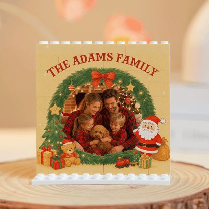Personalized Photo Christmas Building Block in Cream, Custom Family Name Pine Wreath & Santa Brick Puzzle Keepsake Decor, Festive Holiday Desk Gift