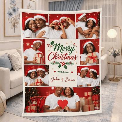 Personalized Merry Christmas Photo Collage Blanket, Custom Family Holiday Picture Fleece Throw Blanket, Christmas Gifts for Couples & Family