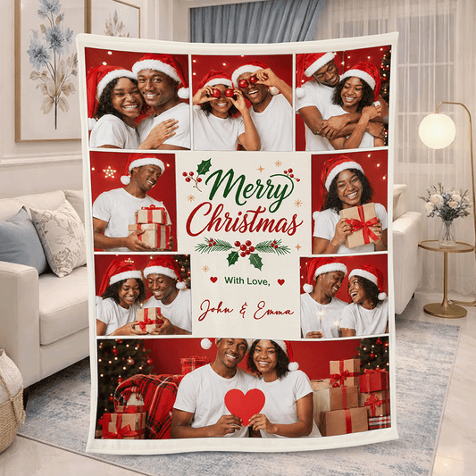 Personalized Merry Christmas Photo Collage Blanket, Custom Family Holiday Picture Fleece Throw Blanket, Christmas Gifts for Couples & Family