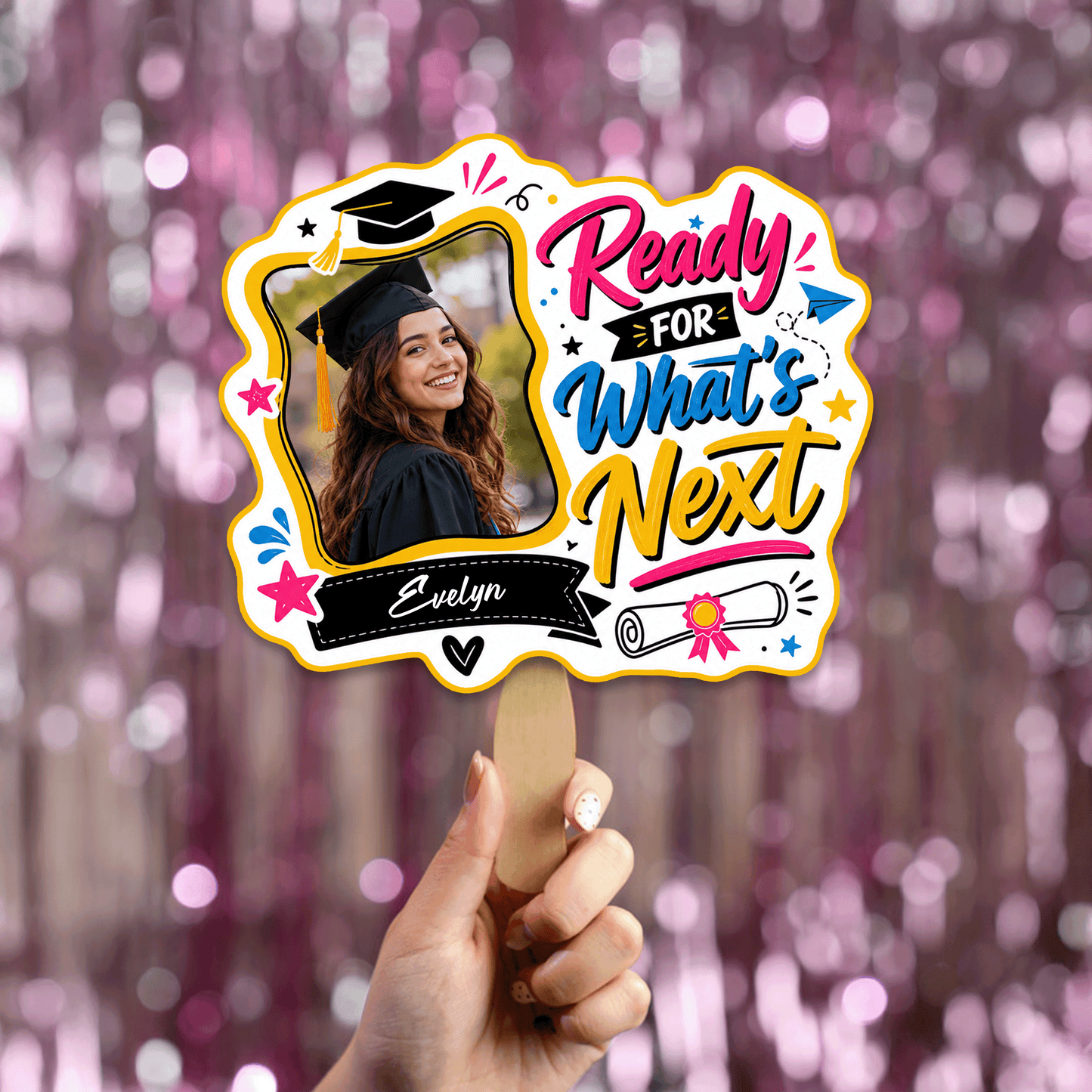 Personalized Ready for What's Next Custom Shape Photo Hand Fan, Graduation Fan with Photo & Name