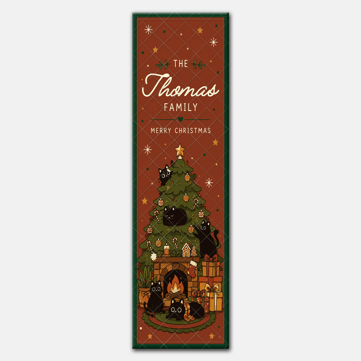 Personalized Black Cats Christmas Tree Quilt Table Runner, Custom Family Name Cozy Cat Holiday Quilted Table Runner & Dining Decor