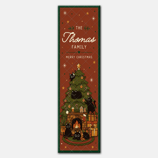 Full length runner design with black cats climbing a decorated tree, cozy fireplace, gifts and Merry Christmas family name