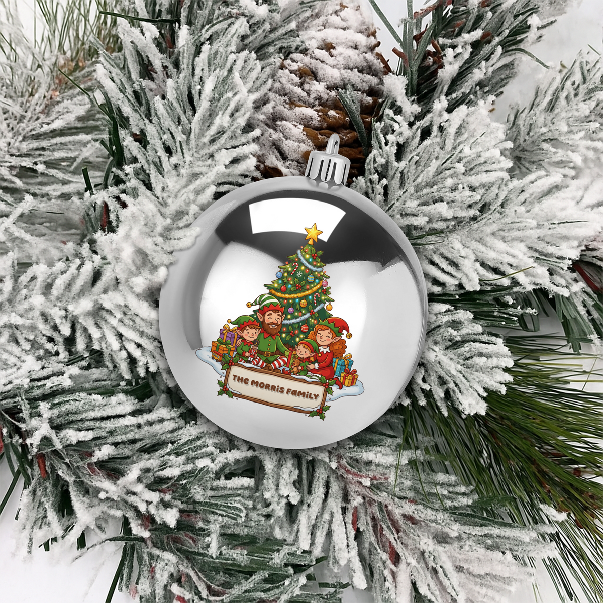 Personalized Family Name Christmas Elf Family Silver Ball Ornament, Custom Full Color Shatterproof Plastic Bauble