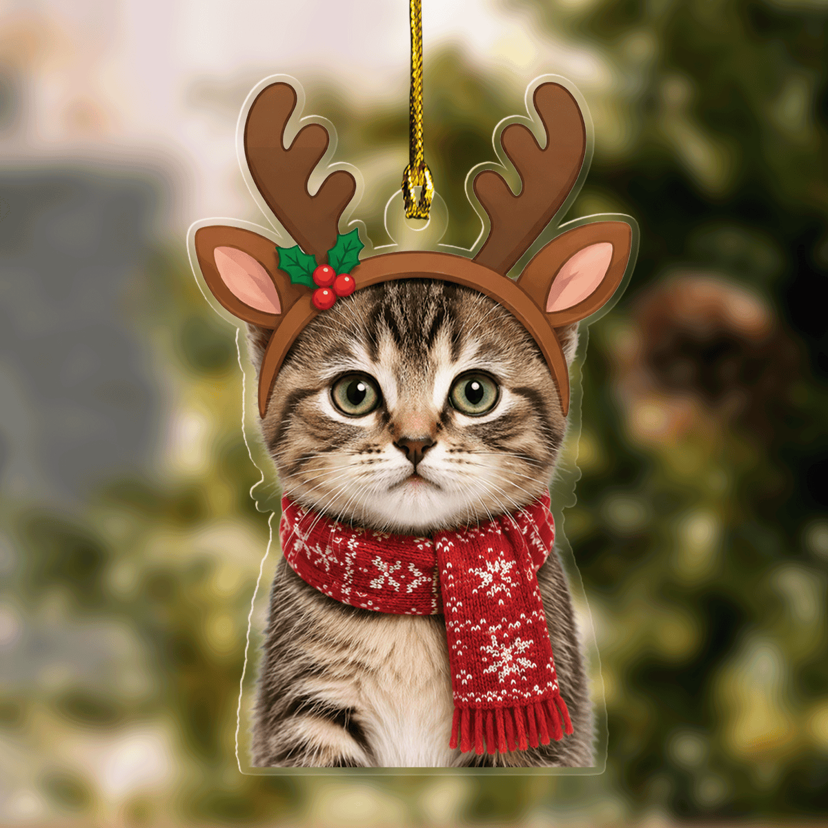 Acrylic ornament with a custom tabby cat photo wearing reindeer antlers with holly and a red knit scarf