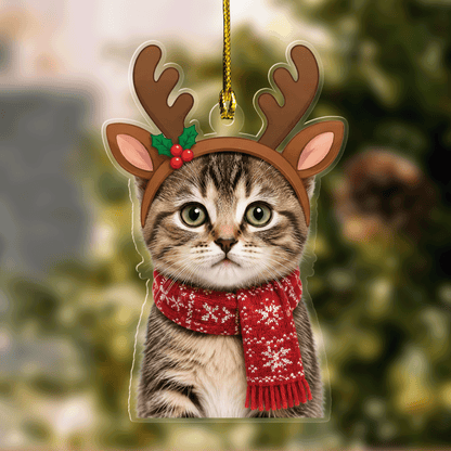 Acrylic ornament with a custom tabby cat photo wearing reindeer antlers with holly and a red knit scarf