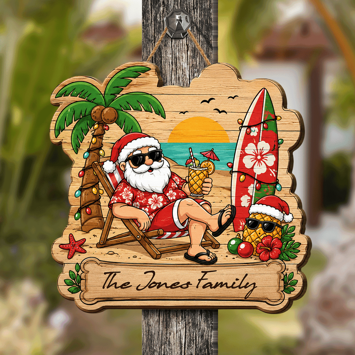Personalized Tropical Santa Beach Christmas Surfboard Custom Shape Wood Sign, Custom Family Name Hawaiian Santa Palm Tree Wooden Hanging Plaque, Summer Holiday Door & Wall Decor Family Gift