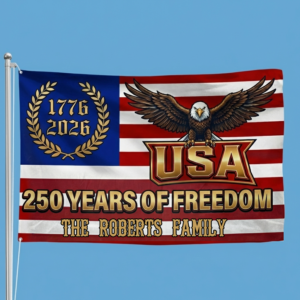 Custom Family Name 250 Years Of Freedom Eagle Patriotic 1776–2026 Banner House Flag