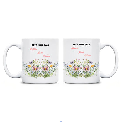 Personalized Mom Floral Mug with Kids Names – Custom Coffee Cup Mother’s Day Gift for Mom