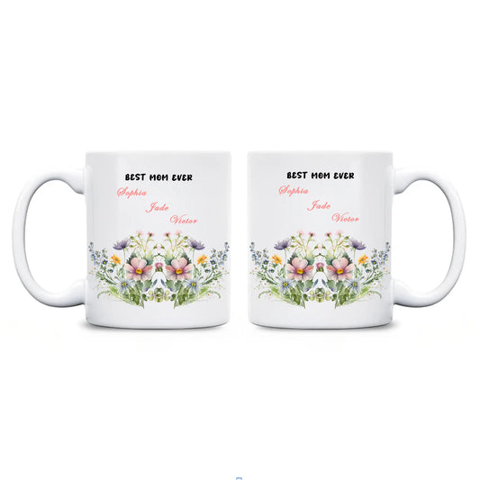 Personalized Mom Floral Mug with Kids Names – Custom Coffee Cup Mother’s Day Gift for Mom