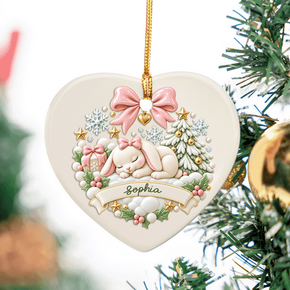 Personalized Sleeping Bunny Christmas Ceramic Heart Ornament, Custom Name Xmas Tree Hanging Decor Keepsake, Cute Baby Girl Holiday Gift