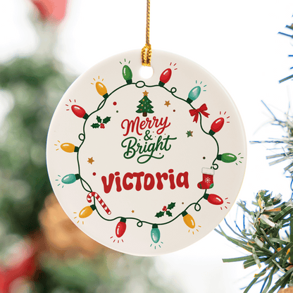 Close up of the Christmas lights wreath ornament with Merry and Bright and a custom name