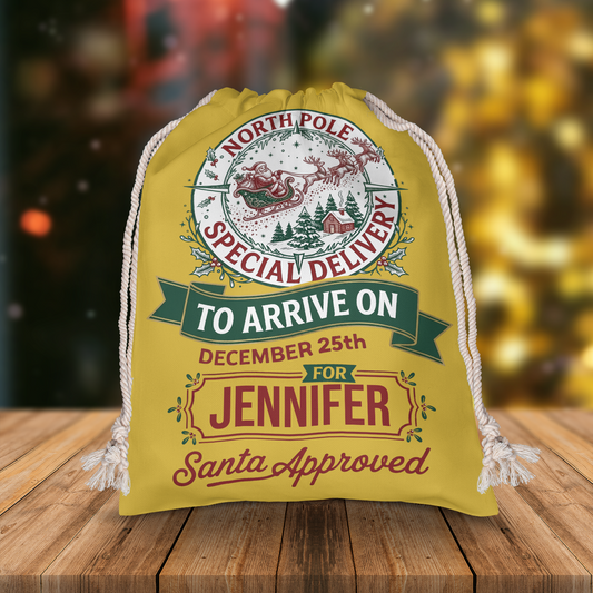Personalized Special Delivery to Arrive on Dec 25th Christmas Sack with Custom Name