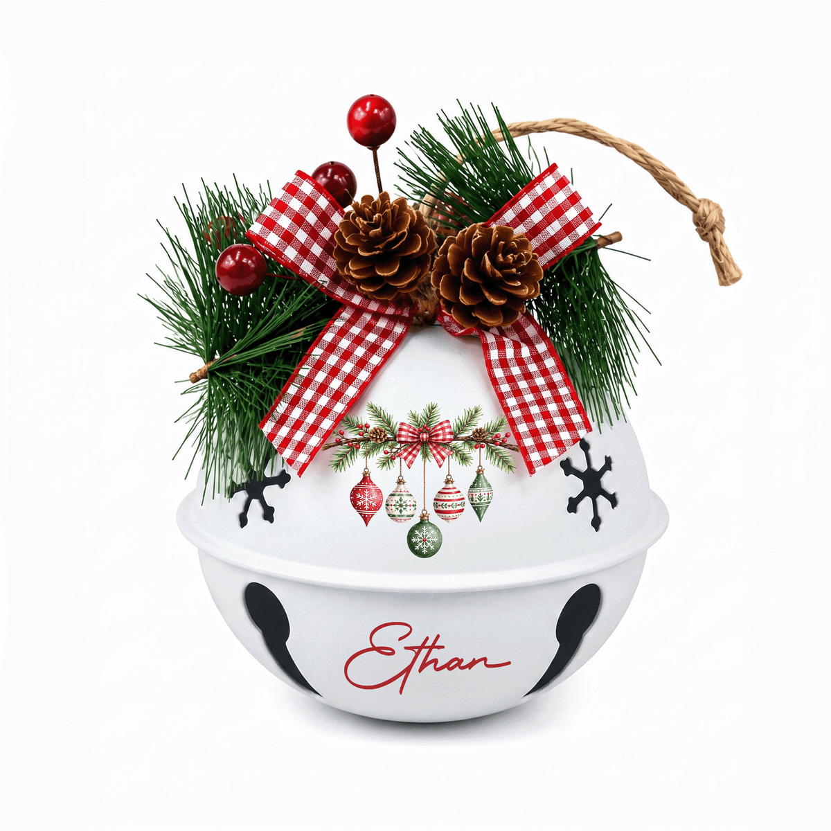 Personalized Hanging Ornaments White Jingle Bell Ornament, Custom Name Vintage Baubles Christmas Tree Decor, Rustic Metal Bell with Bow & Pinecone Accents