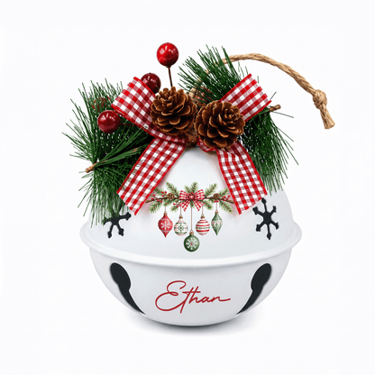 Personalized Hanging Ornaments White Jingle Bell Ornament, Custom Name Vintage Baubles Christmas Tree Decor, Rustic Metal Bell with Bow & Pinecone Accents