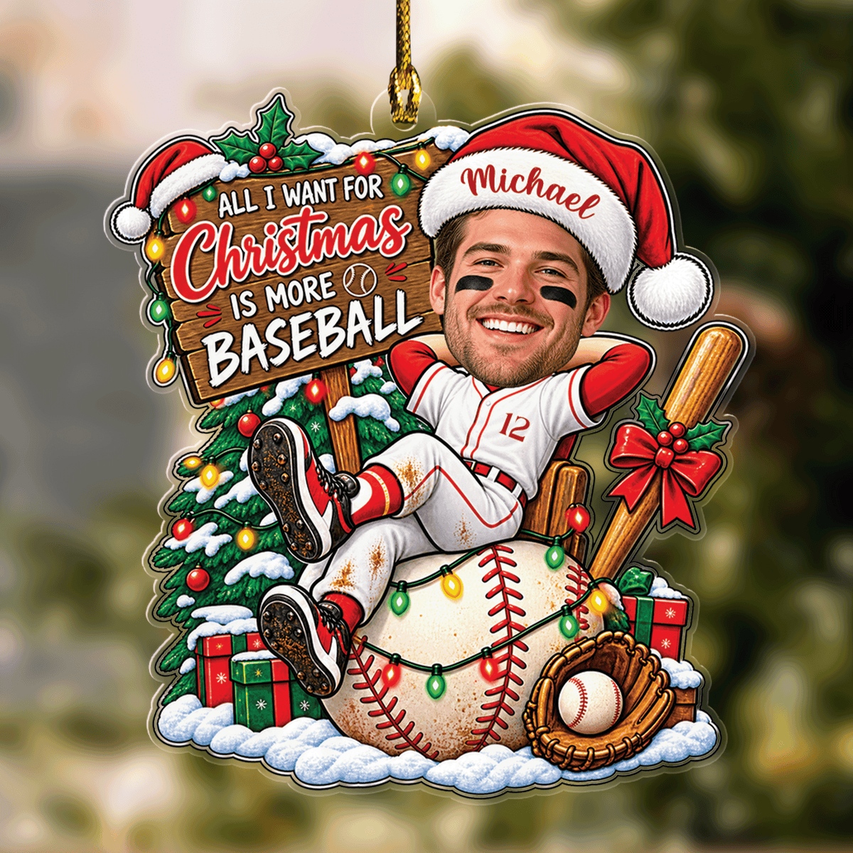Personalized All I Want For Christmas Is More Baseball Player Photo Acrylic Ornament, Custom Name Jersey Baseball Boy Xmas Tree Hanging Decor Keepsake, Sports Holiday Gift